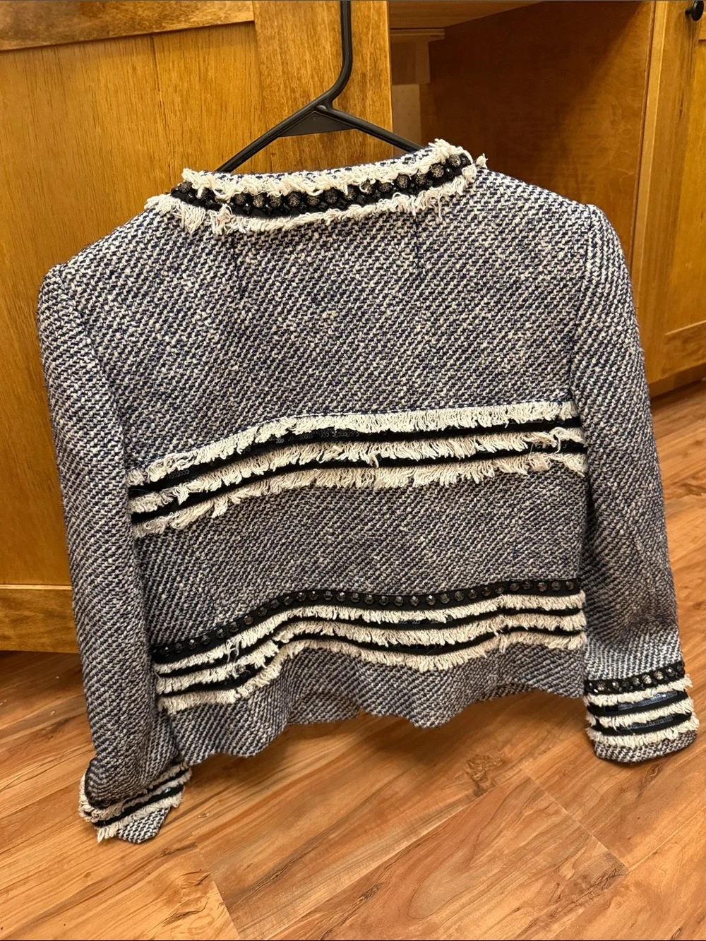 Tory Burch Navy and White Tweed Fringe Cropped Jacket